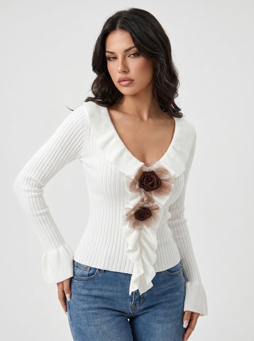 Floral Ruffle Trim Ribbed Sweater