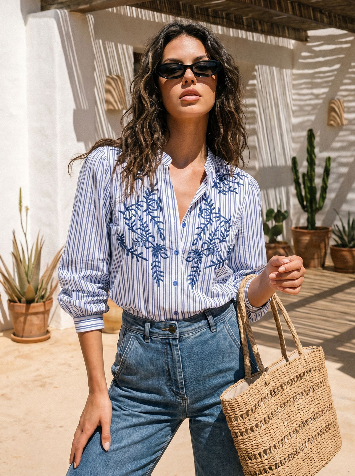 Embroidered Striped Button Down Shirt