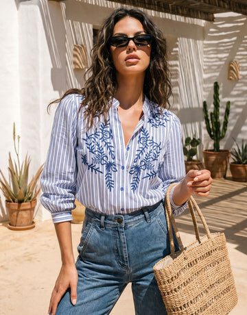 Embroidered Striped Button Down Shirt
