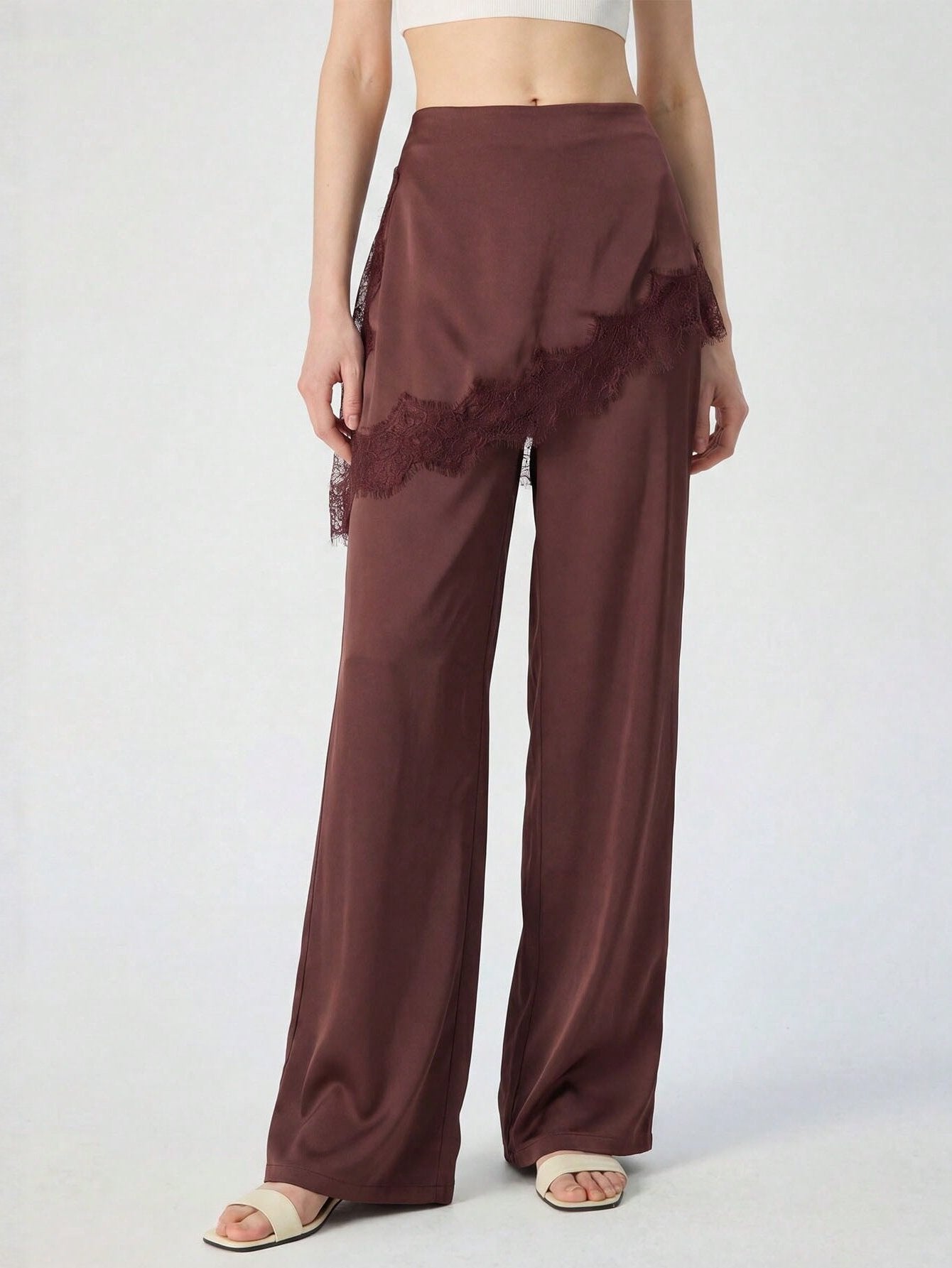 Lace Trim Satin Wide Leg Pants