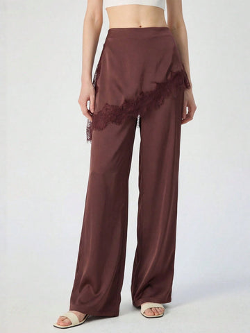 Lace Trim Satin Wide Leg Pants