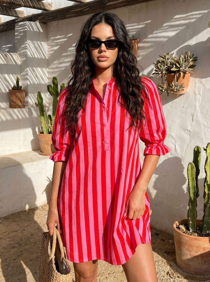 Vibrant Striped Puff Sleeve Mini Dress
