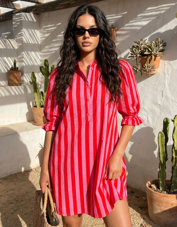 Vibrant Striped Puff Sleeve Mini Dress