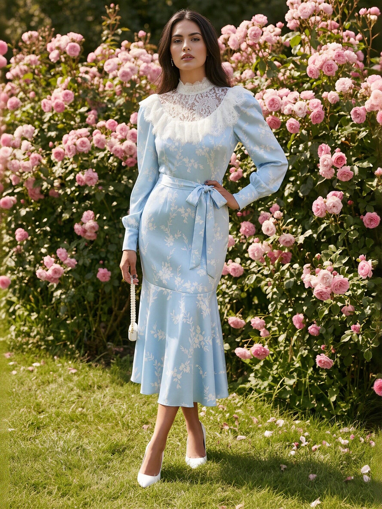 Vintage Lace Trim Floral Midi Dress