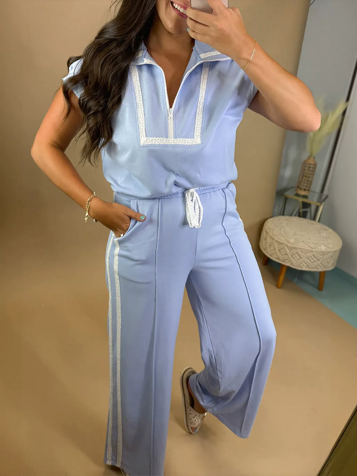 Lace Trim Zip Up Pant Set
