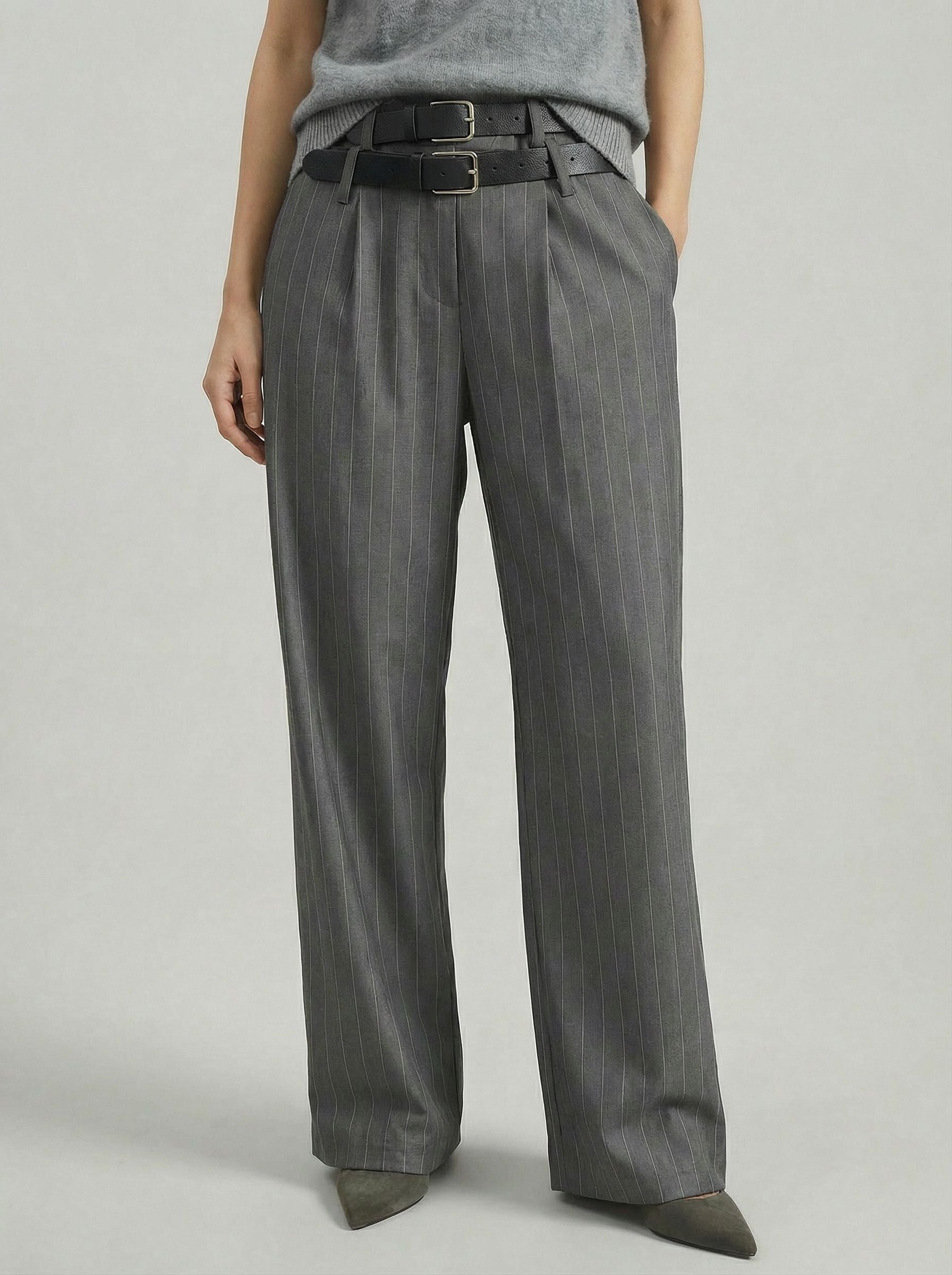 SAÏA Pinstripe High-Waisted Tailored Pants-Gray