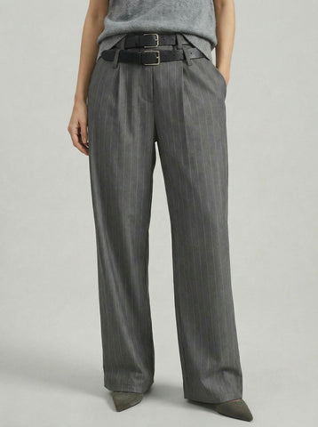 SAÏA Pinstripe High-Waisted Tailored Pants-Gray