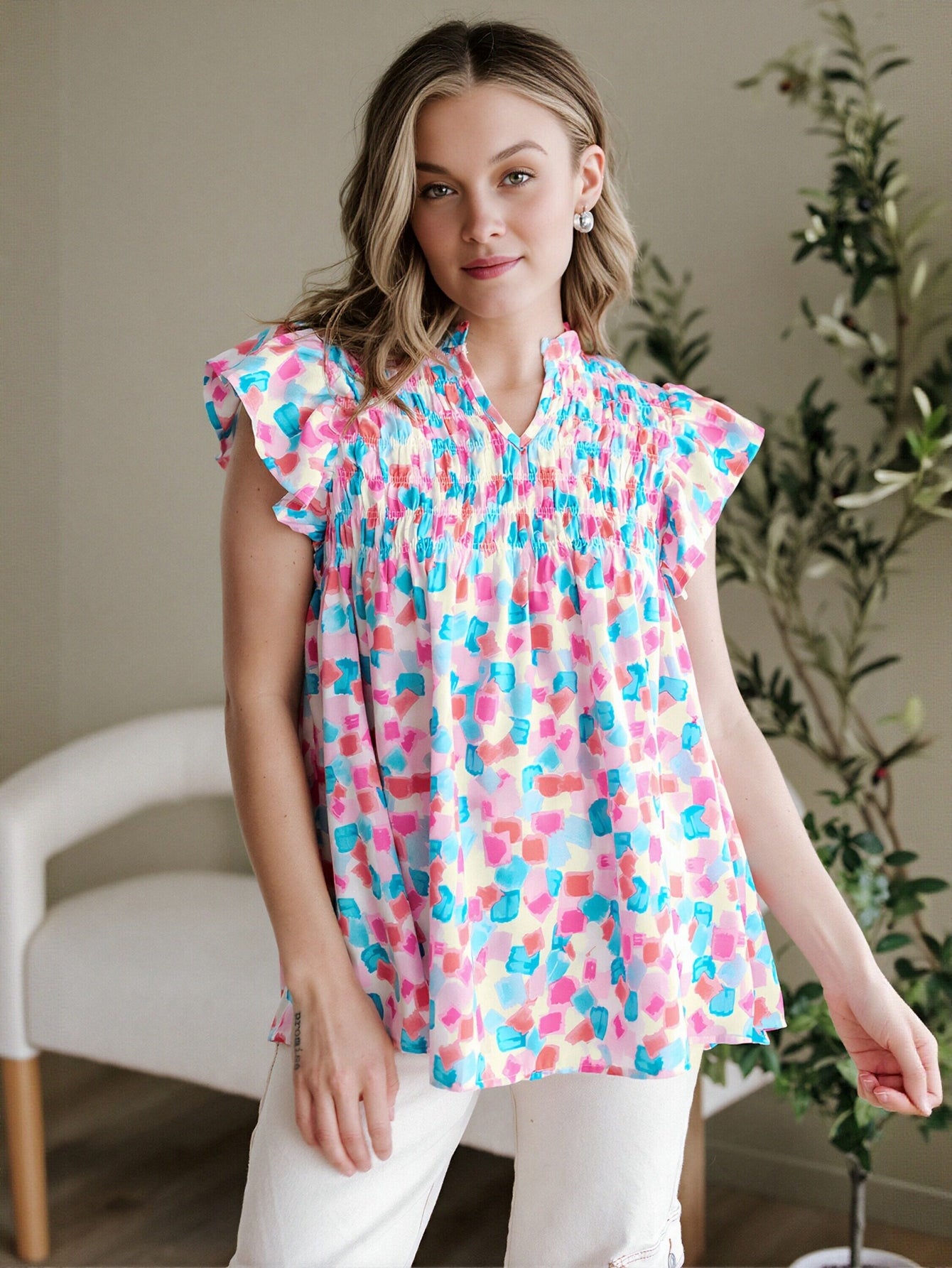 Smocked Bust Flutter Sleeve Blouse