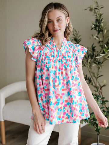 Smocked Bust Flutter Sleeve Blouse