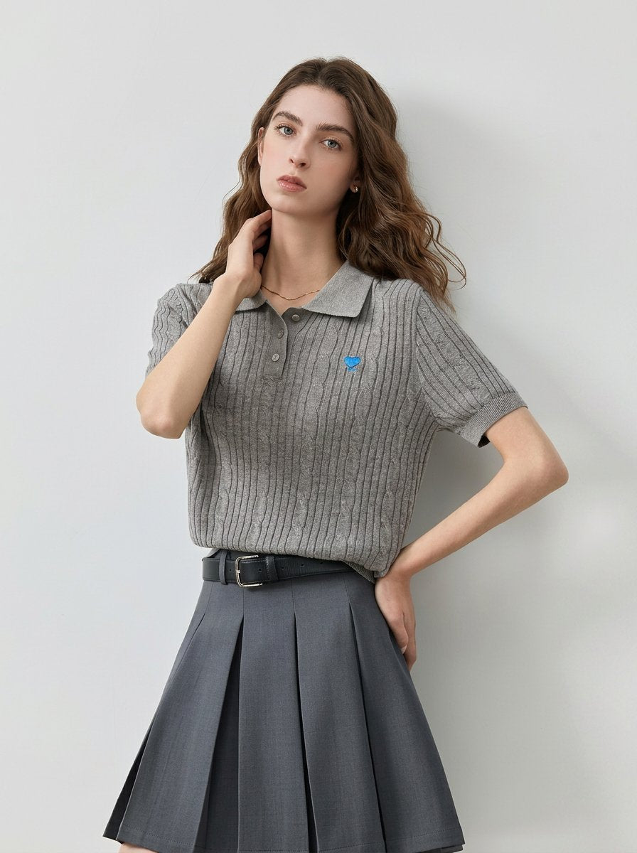 Embroidered Heart Ribbed Polo Sweater