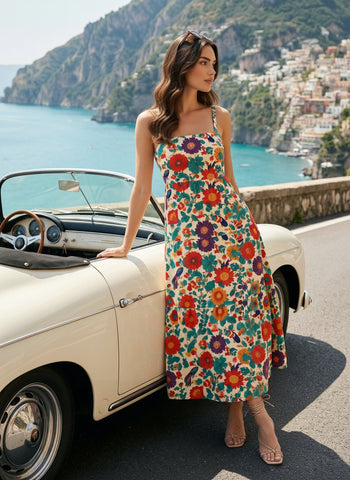 FLORA Floral Print Tiered Strap Midi Dress