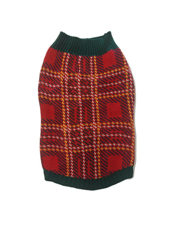 Cozy Red Plaid Knit Dog Sweater