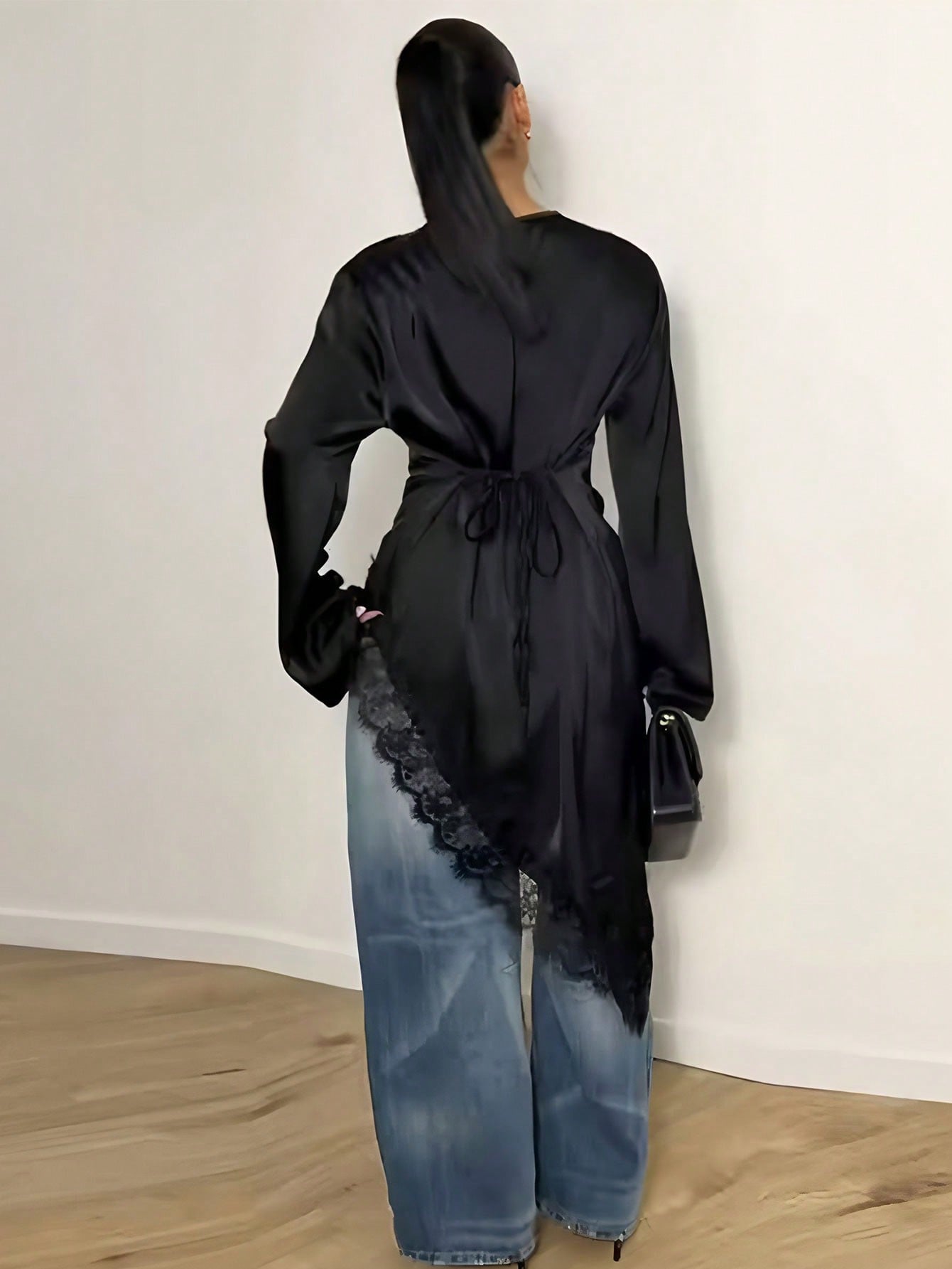 Asymmetric Lace Trim Long Sleeve Dress