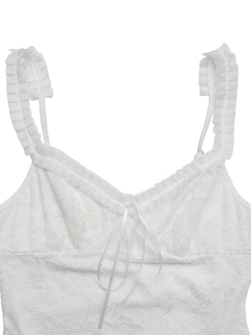 Ruffle Trim Bow-Front Lace Sweet Casual Bodysuit