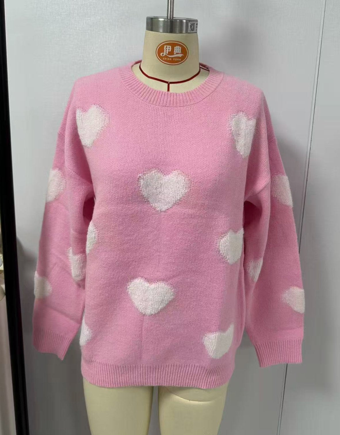 Cozy Pink Heart Print Pullover Sweater