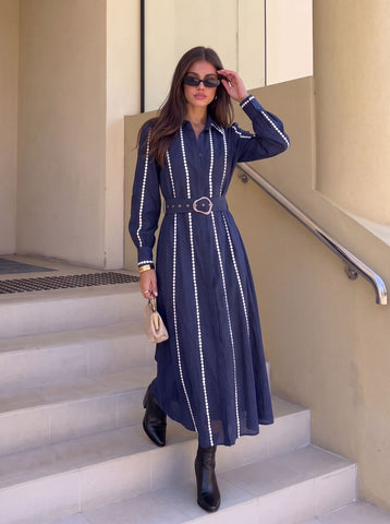 Striped Belted Button Down Midi Dress