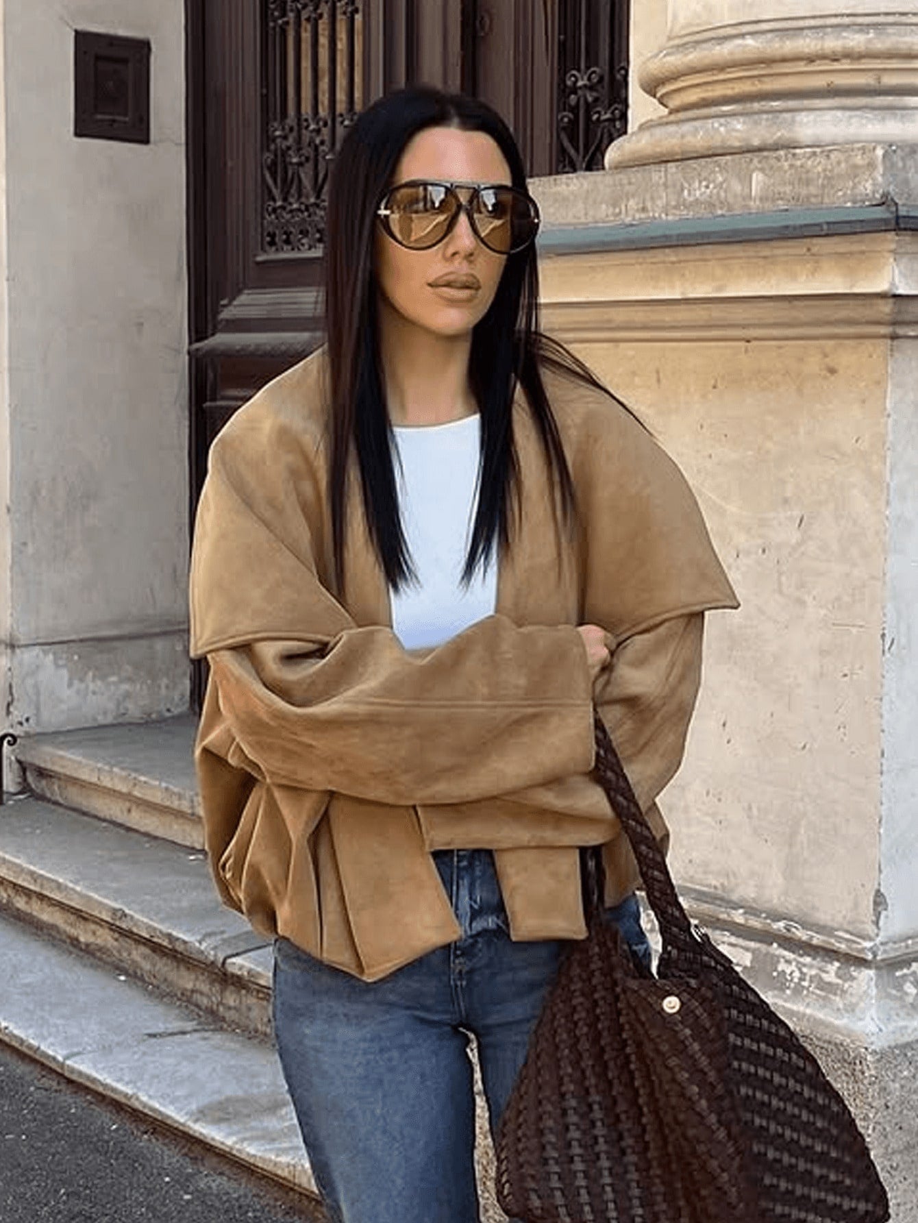 Oversized Suede Drape Front Jacket