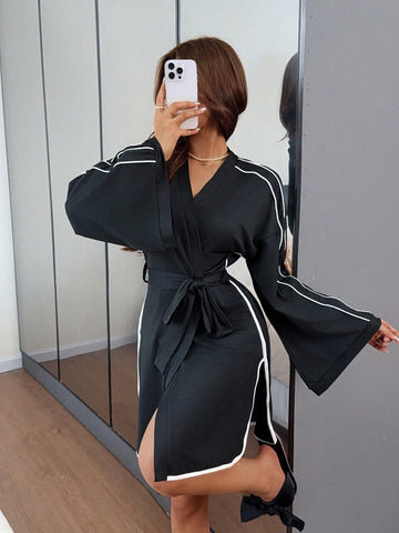 Silky Contrast Trim Wrap Robe