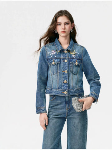 Embroidered Floral Gold Button Denim Jacket