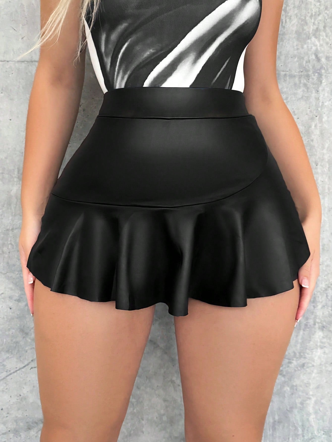 High Waisted Faux Leather Ruffle Skort