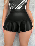 High Waisted Faux Leather Ruffle Skort