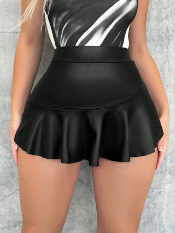 High Waisted Faux Leather Ruffle Skort