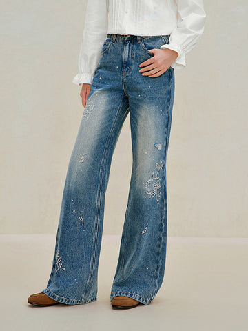 Embellished Rhinestone Wide Leg Jeans