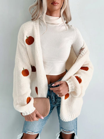 Cozy Pumpkin Embroidered Knit Cardigan
