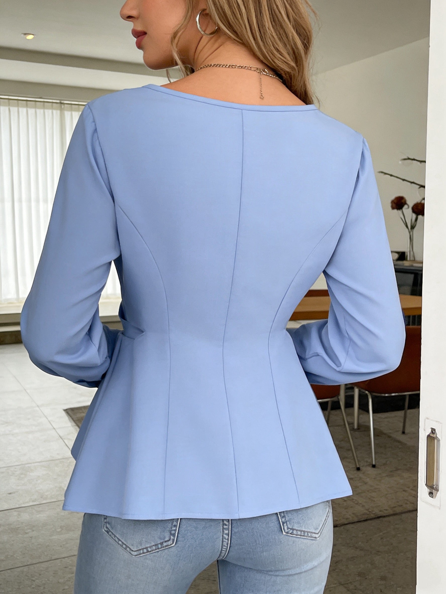 Ruched V Neck Button Up Shirt