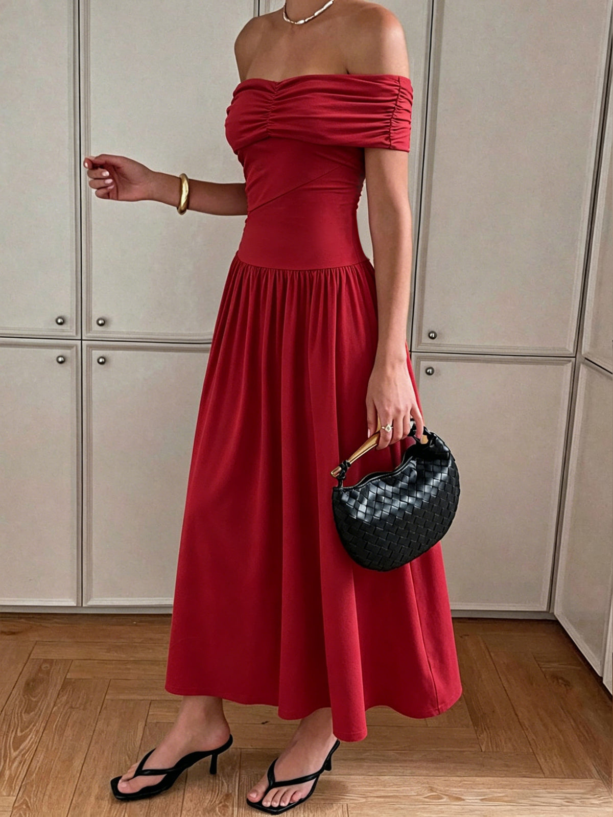 Elegant Off Shoulder Ruched Midi Dress