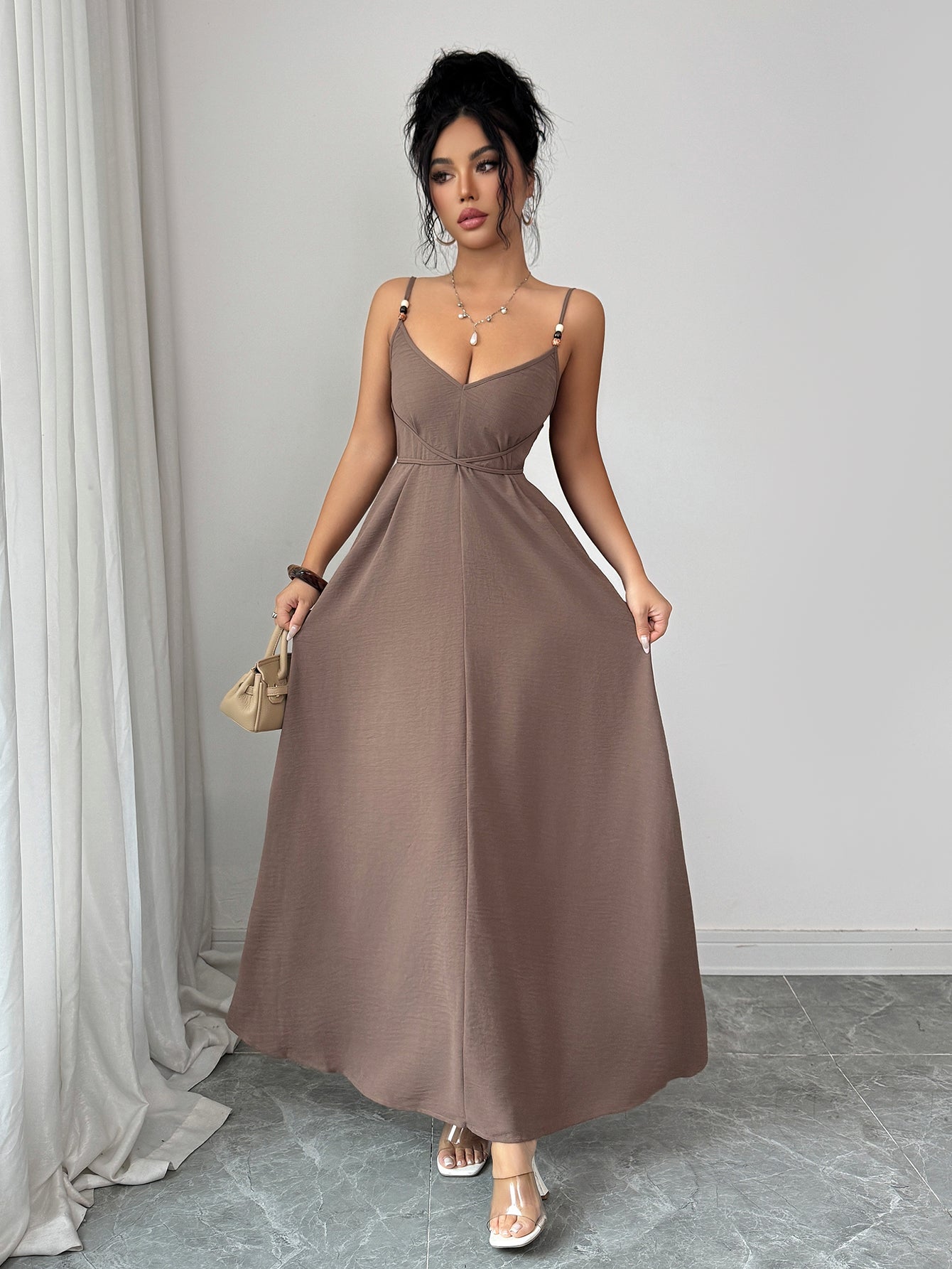 Spaghetti-Strap Cinched-Waist Draped Evening Maxi Dress-Khaki