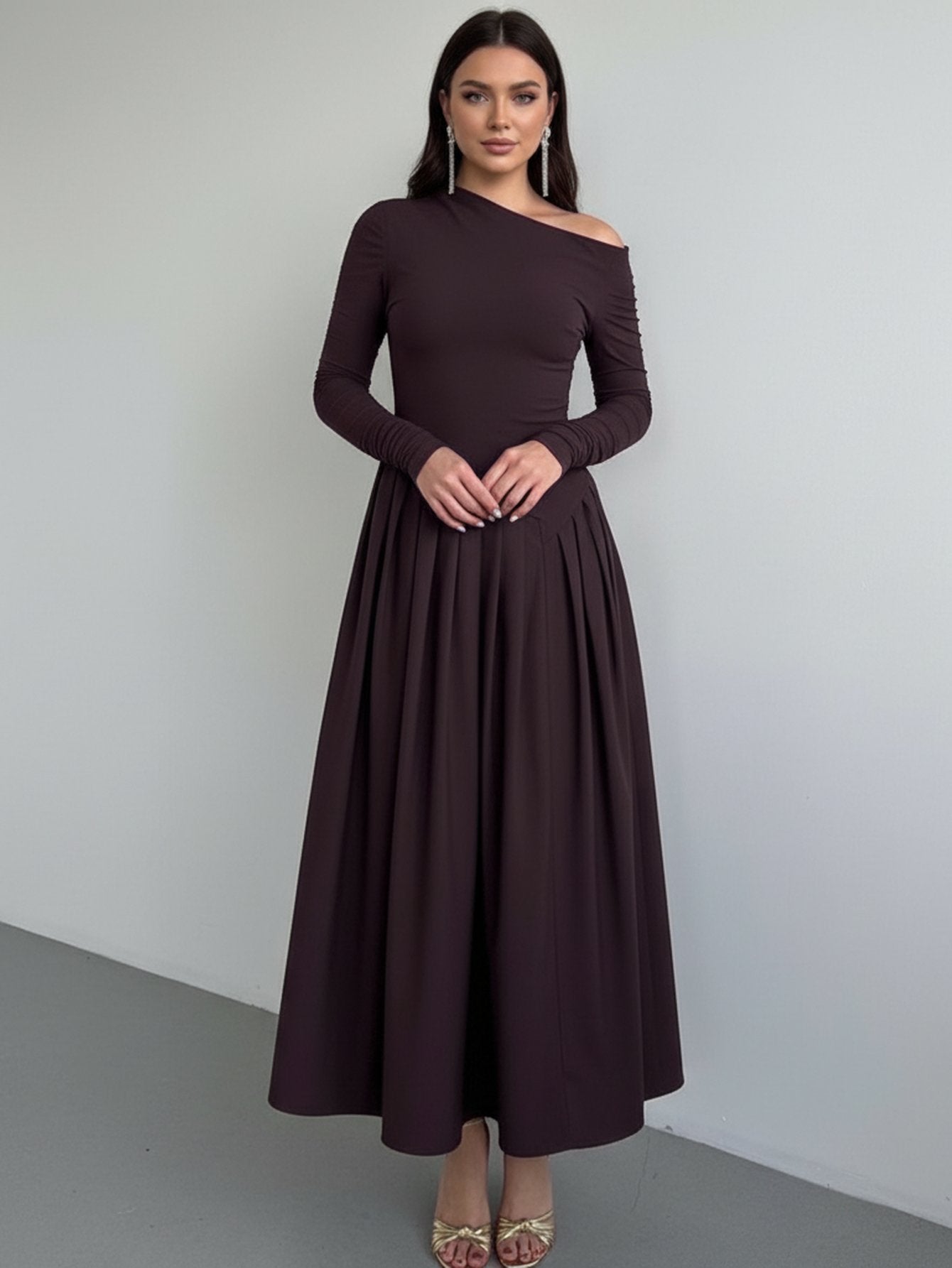 Off-the-Shoulder Long-Sleeve Pleated Formal Maxi Dress-Multicolor
