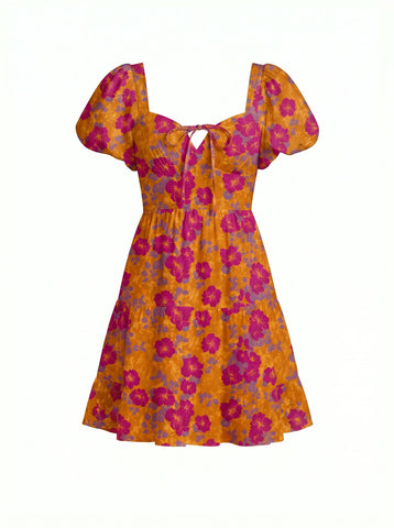 Floral Print Puff Sleeve Tiered Mini Dress