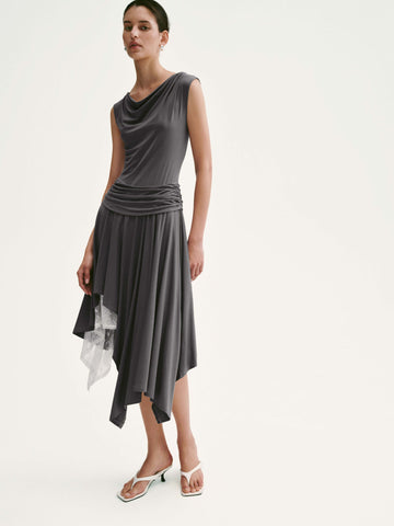 Lace Trim Asymmetric Pleated A-Line Midi Dresses