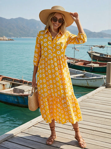 Yellow Floral Button Down Midi Dress