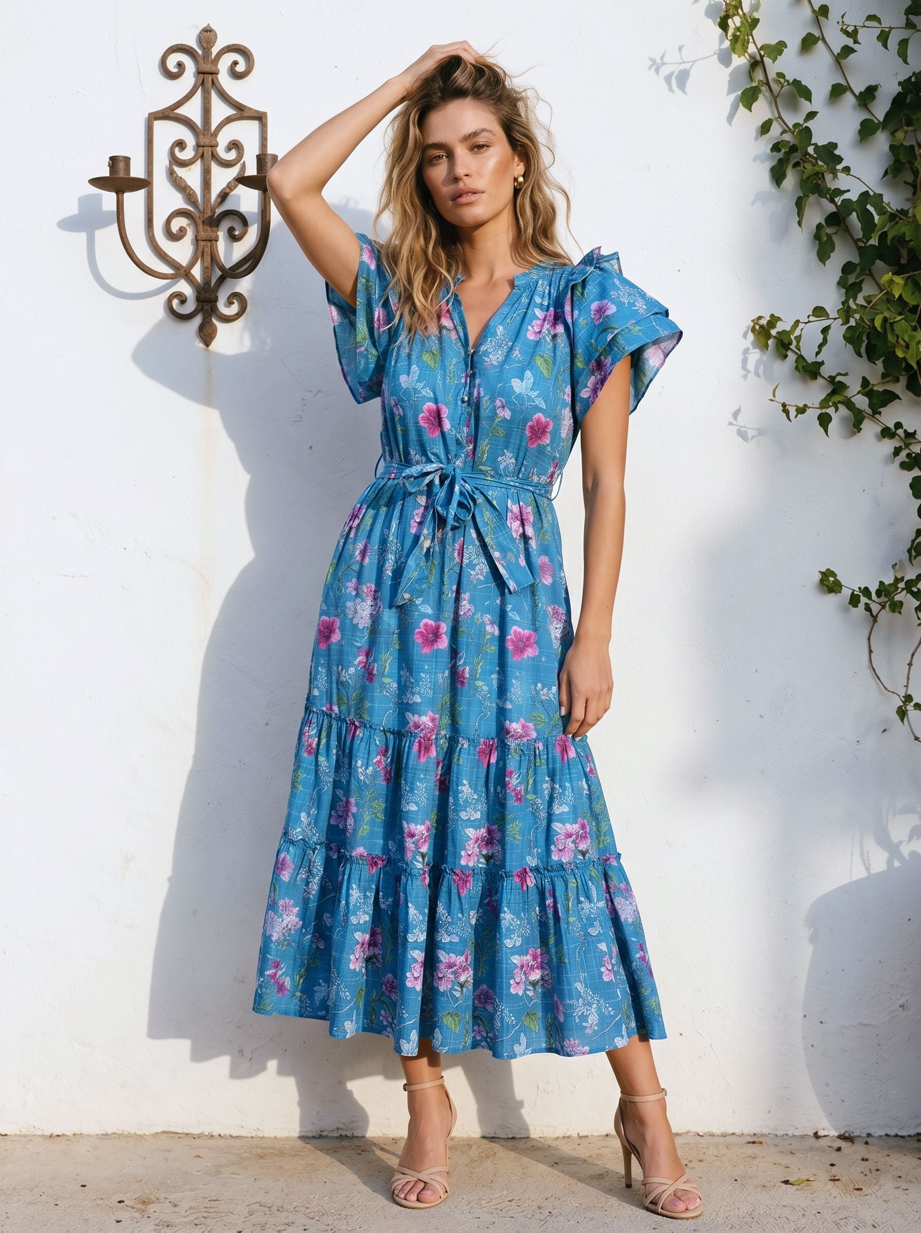 Floral Flutter Sleeve Tiered Midi Dress