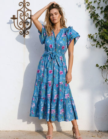 Floral Flutter Sleeve Tiered Midi Dress