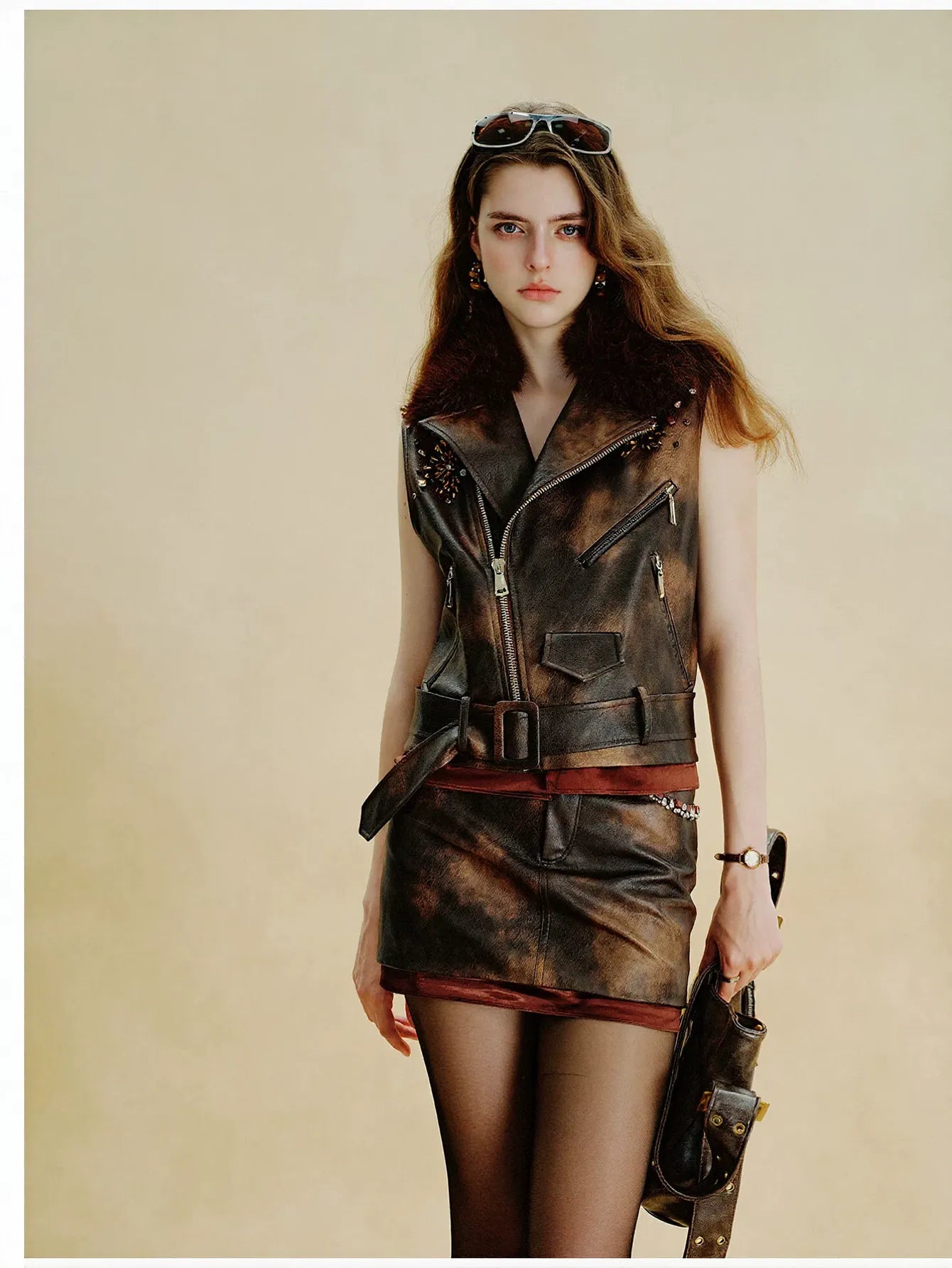 Faux Fur Trim Belted Leather Vest