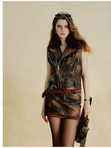 Faux Fur Trim Belted Leather Vest