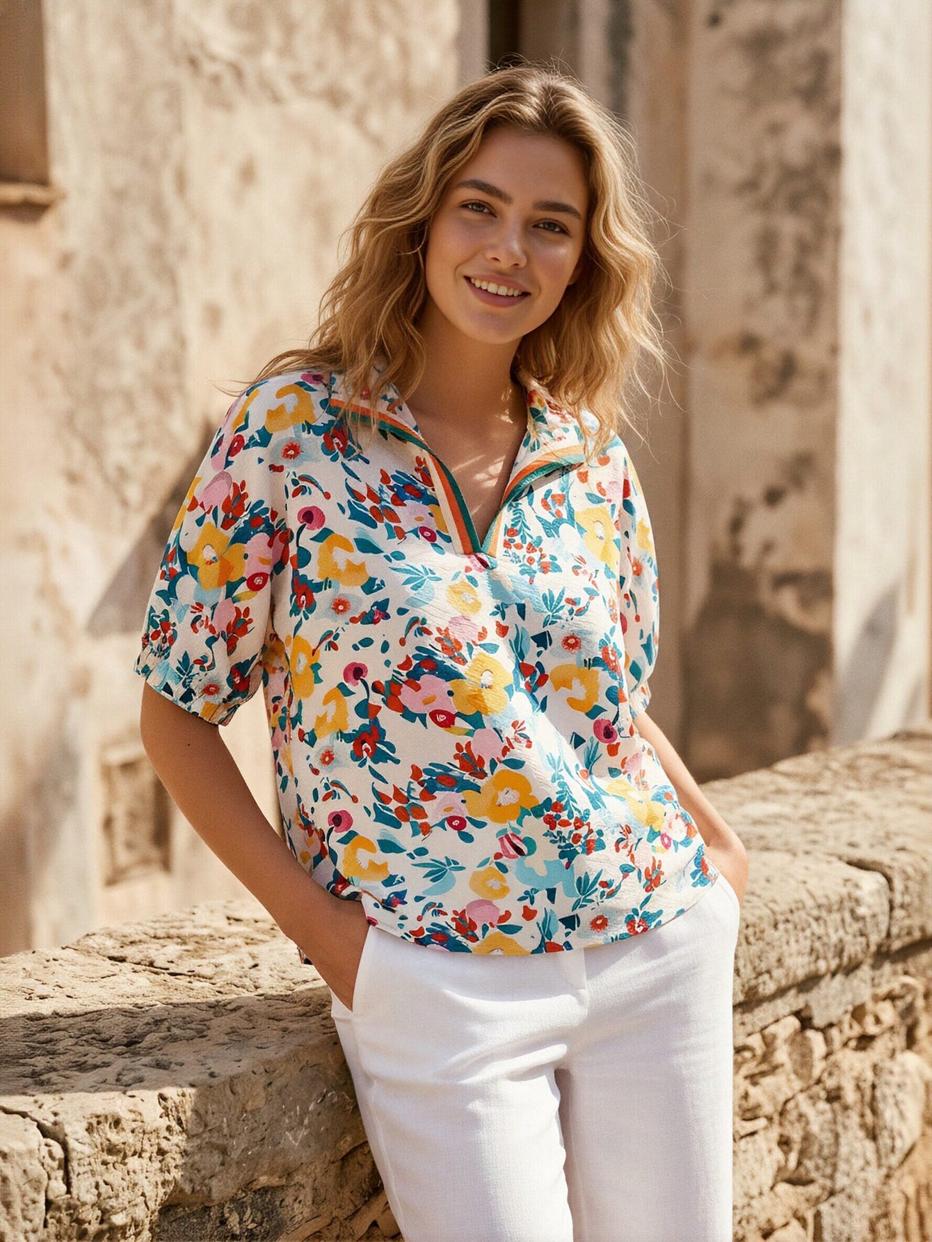 Floral Print Split Neck Chiffon Blouse