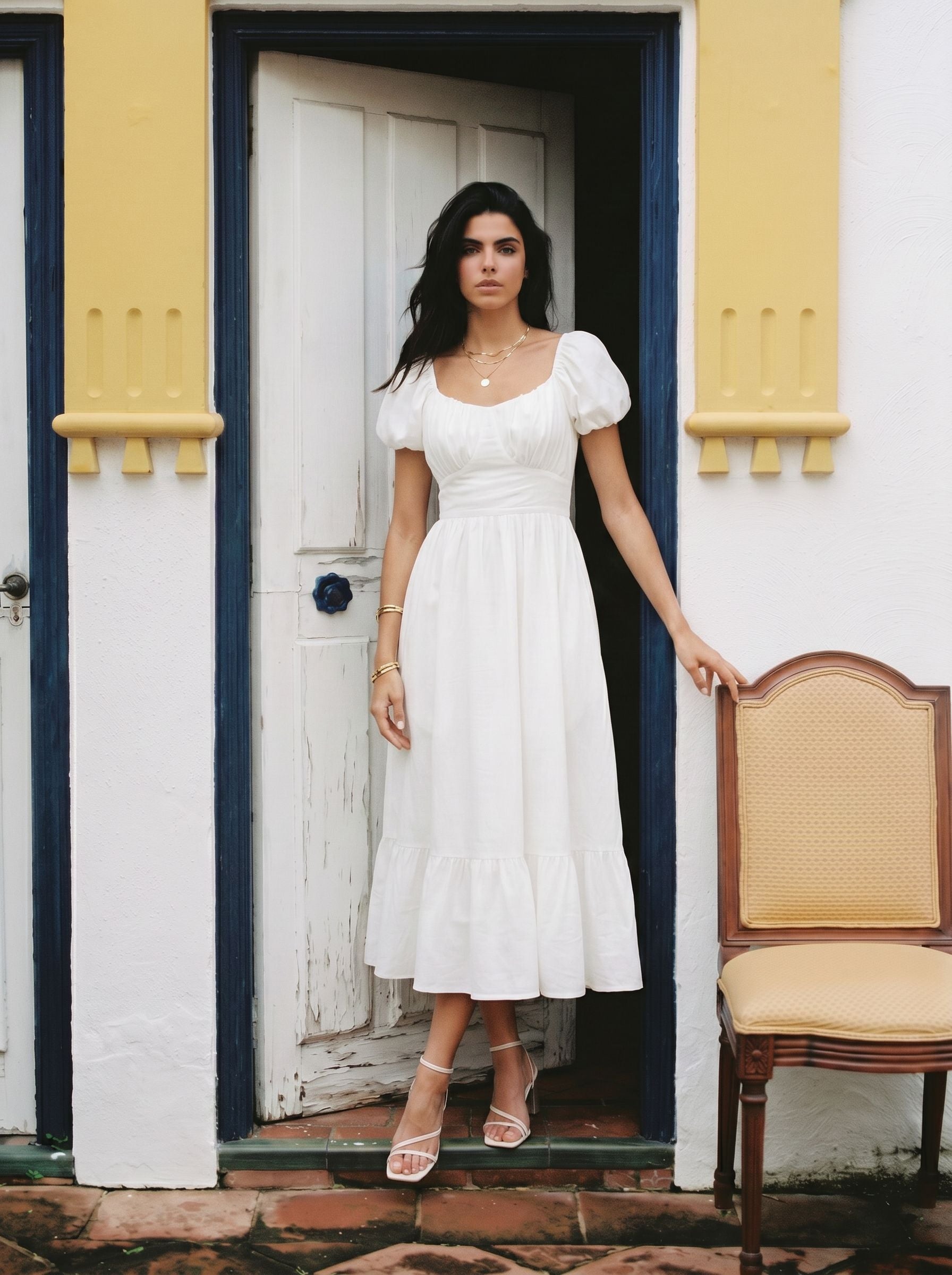 Open Back Puff Sleeve Midi Dress
