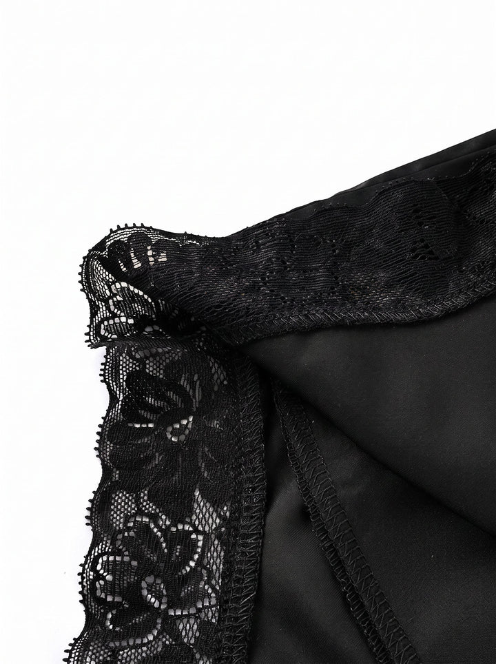 Satin Lace Trim Asymmetric Mini Skirt