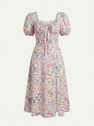 Floral Print Puff Sleeve Tie MidiDress