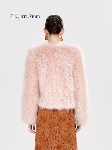Plush Pink Feather Trim Fur Coat