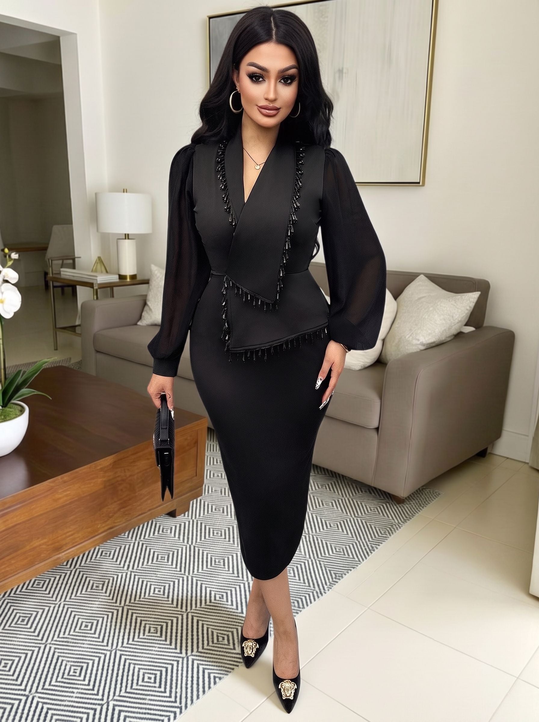 Beaded Trim Peplum Bodycon Midi Dress