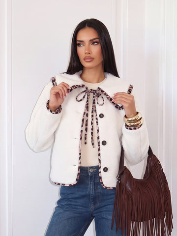 Leopard Trim Cozy Sherpa Jacket