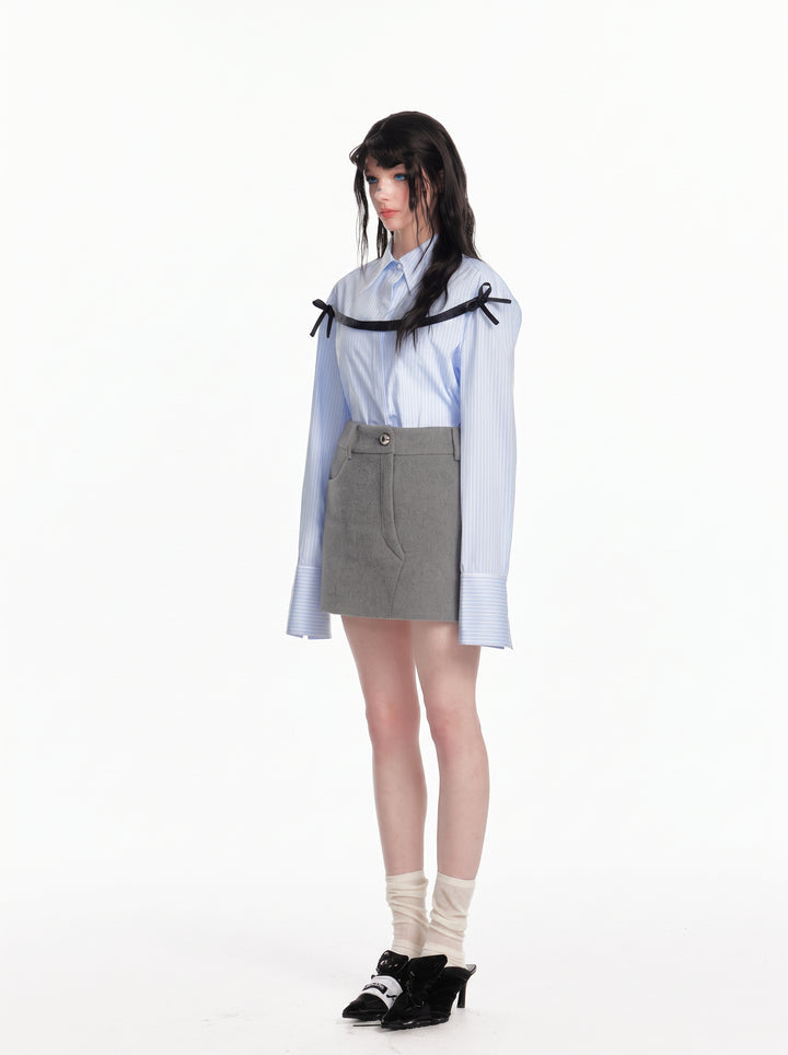 Bow Detail Striped Button Down Shirt