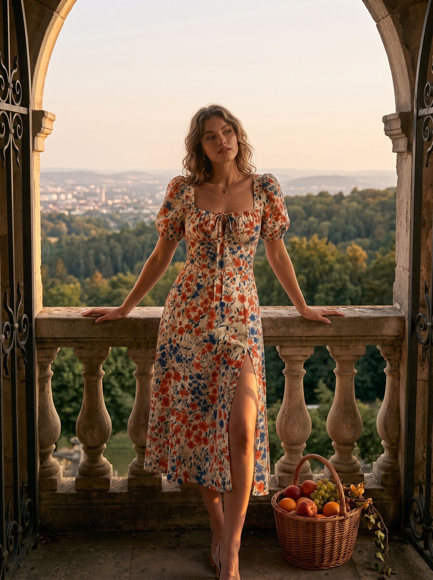 Floral Print Puff Sleeve Tie MidiDress