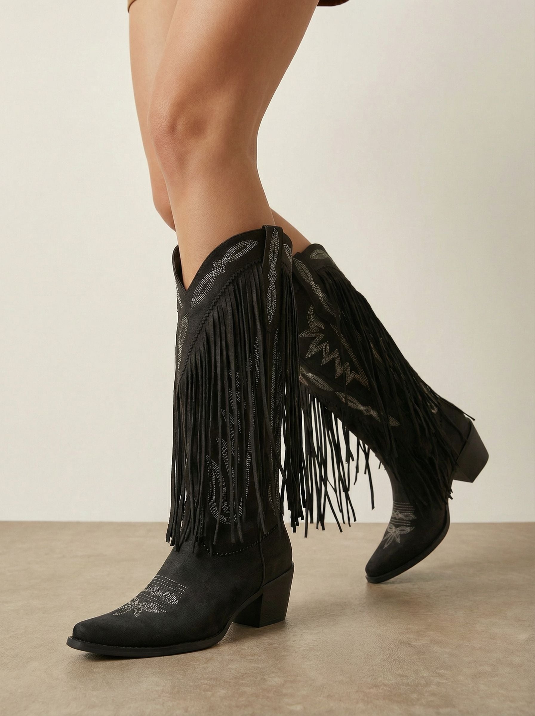 Embroidered Fringe Pointed-Toe Classic Western Cowboy Boots-Black