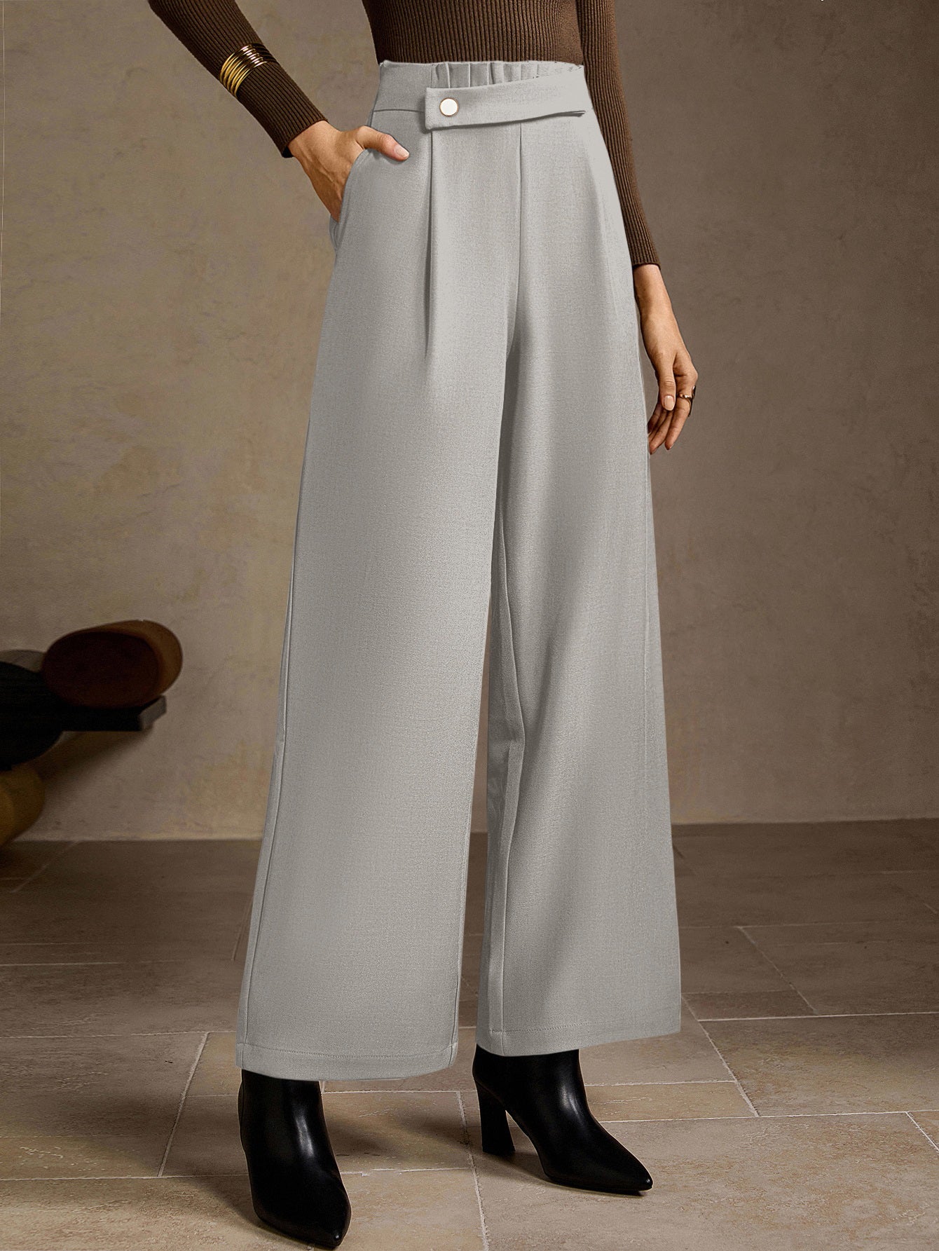 High Waisted Pleated Wide Leg Trousers
